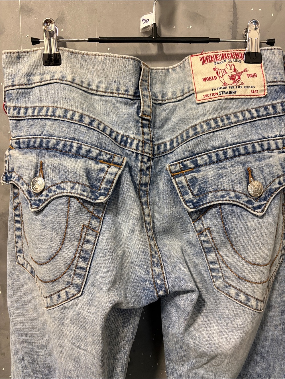 True Religion Light Wash Straight Leg Jeans with Signature Flap Pockets - Picture 6 of 13